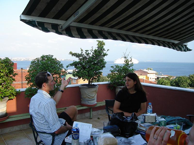 DSC01003.JPG - Matt and Brenda on the rooftop terrace of the Hotel Tashkonak in Istanbul with the Sea of Marmara in the background. 12 July 2007