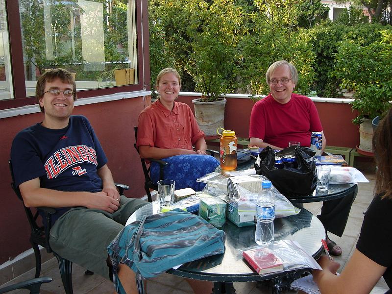 DSC01004.JPG - Andrew, Gretchen and Bill relaxing in the Turkish late afternoon on the rooftop terrace of the Hotel Tashkonak, no jet lag here. 12 July 2007