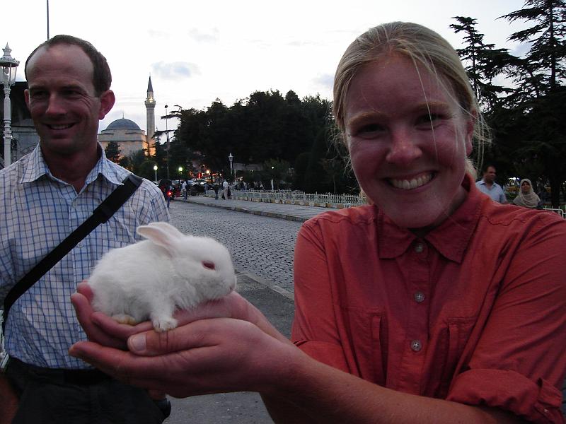 DSC01014.JPG - Matt and Gretchen with the bunnies on the mall between the Haghia Sophia (Aya Sofya) and the Blue Mosque (Sultan Ahmet Camii). 12 July 2007