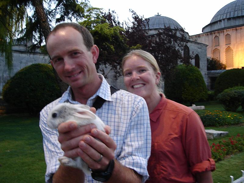 DSC01019.JPG - Dusk near the Haghia Sophia (Aya Sofya); Matt, bunny, and Gretchen.  Matt was nearly convinced to get a bunny for Gretchen, except how would it ride on the bike? 12 July 2007