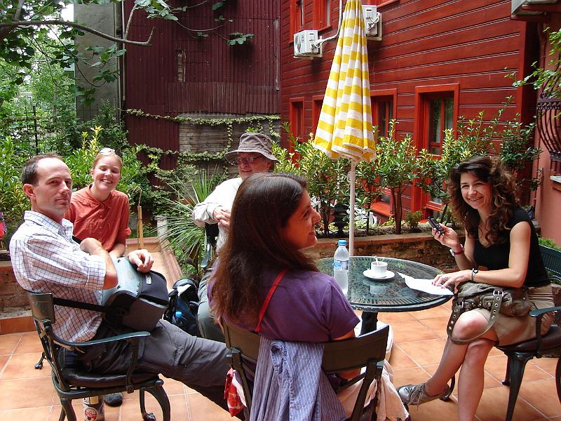 DSC01020.JPG - Matt, Gretchen, Bill, Brenda, and Nihal in the courtyard of the Hotel Tashkonak.  Nihal, who is a native of Turkey, was Andrew and Brenda's neighbor in Urbana for a year. 13 July 2007