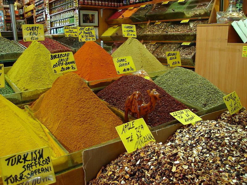 DSC01037.JPG - Spices piled high at the Egyptian Bazaar (Misir Carsisi), aka Spice Market, which has more than spices.  The varieties of tea are incredible, as well as candy, and tiles. 13 July 2007