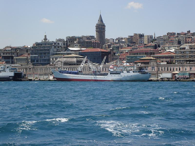 DSC01312.JPG - The Galata Tower from the Bosphorus (Bogazici).  The straits of the Bosphorus run between Europe and Asia. 16 July 2007