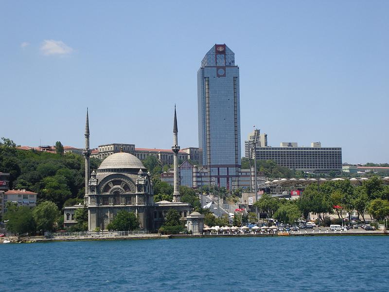 DSC01313.JPG - The old and the new - the Dolmabahce Camii and a glass and steel skyscraper. 16 July 2007