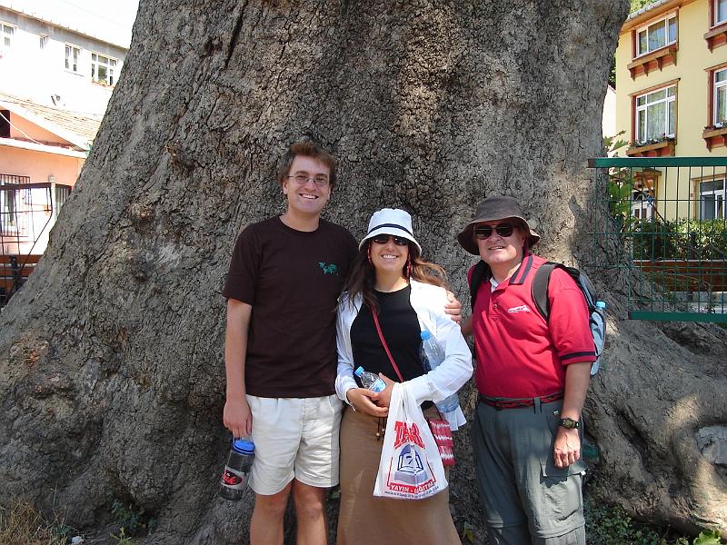 DSC01328.JPG - Andrew, Brenda, and Bill by a very large sycamore tree in Anadolu Kavagi. 16 July 2007