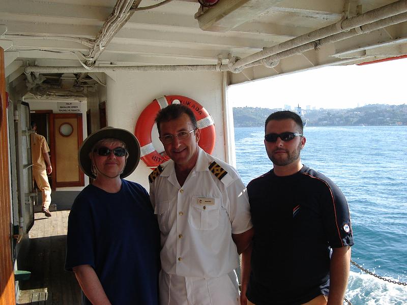 DSC01350.JPG - Judy with the Captain and member of the ferry crew. 16 July 2007