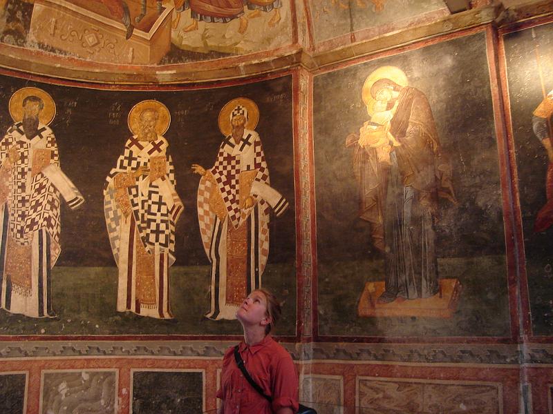 DSC01389.JPG - Gretchen admiring the Anastasis frescoes of the Parecclesion and the Virgin Elousa, St. Saviour in Chora. 17 July 2007 