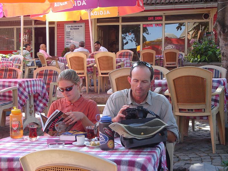 DSC01402.JPG - Gretchen and Matt in a sidewalk cafe across the street from St. Saviour in Chora. 17 July 2007