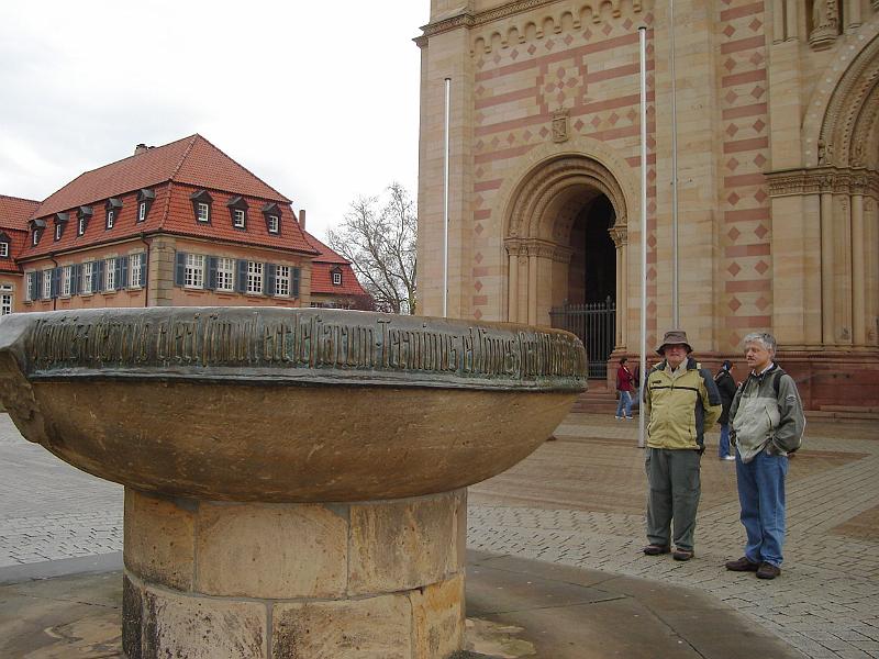 DSC02386.JPG - Bill and Dieter observing the large cathedral bowl, the Domnapf, marking the boundary between the episcopal and municipal territories.   Each new bishop on his election filled the bowl with wine, while the burghers emptied it to his health. 19 April 2008