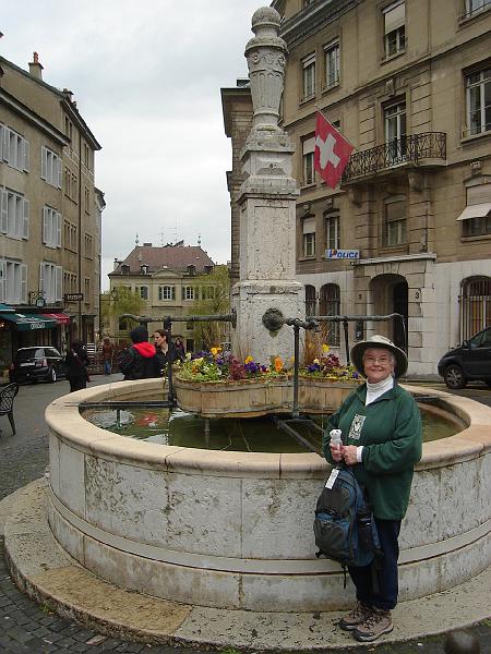 DSC02421.JPG - Judy in the old Geneva Square.  Behind her is the Lutheran Church in Geneva. 21 April 2008