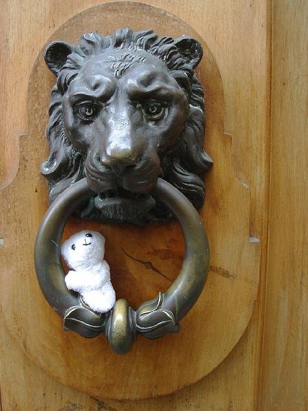 DSC02422.JPG - A sturdy door knocker, a good place for the Sweet Baboo to pose.  Geneva Switzerland 21 April 2008