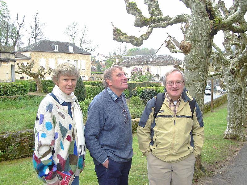 DSC02479.JPG - Viv, Tony, and Bill in Sarlat with the distinctive Plane trees.  France 23 April 2008