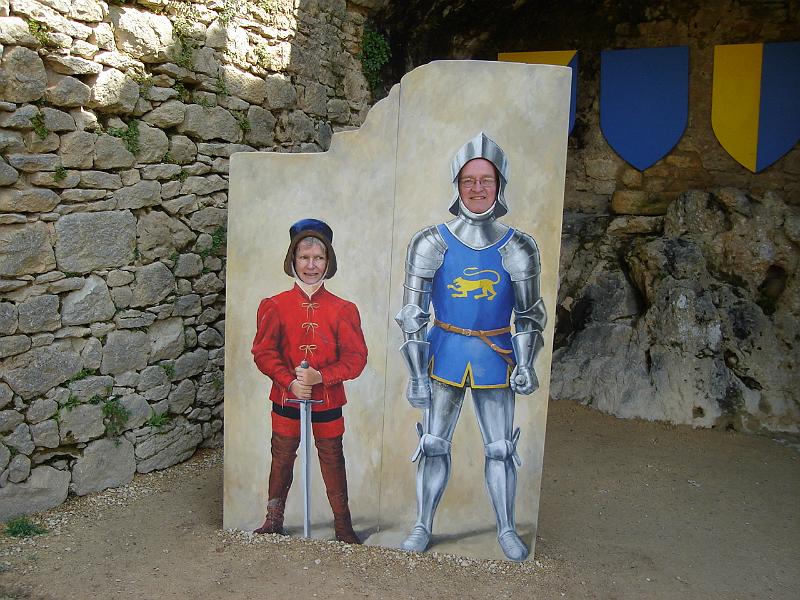 DSC02555.JPG - Viv, the squire, Bill, the knight of Castelnaud.  France 24 April 2008