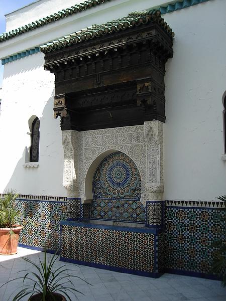 DSC02615.JPG - Interior courtyard of the Grande Mosquee de Paris, the Paris mosque.  More of a Moroccan influence than the Persian Mosques in Istanbul.  Paris France 26 April 2008