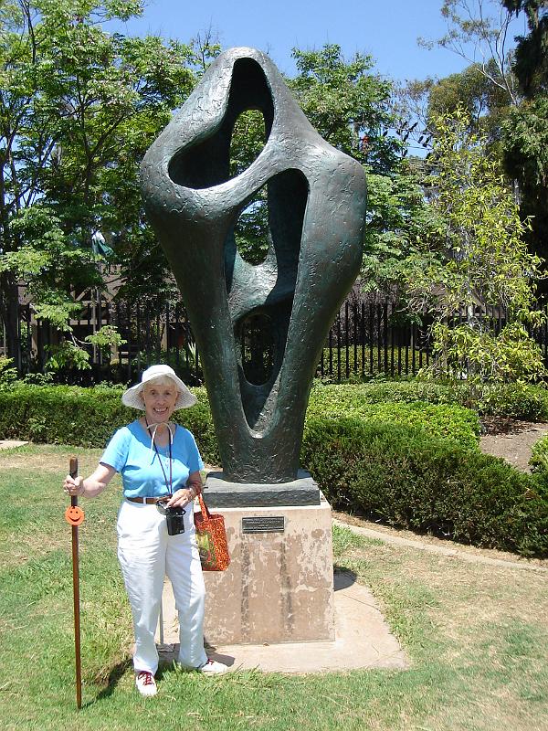 DSC01419.JPG - Ramona with her favorite sculpture in the Marcy Sculpture Gardens at Balboa Park. 9 August 2009