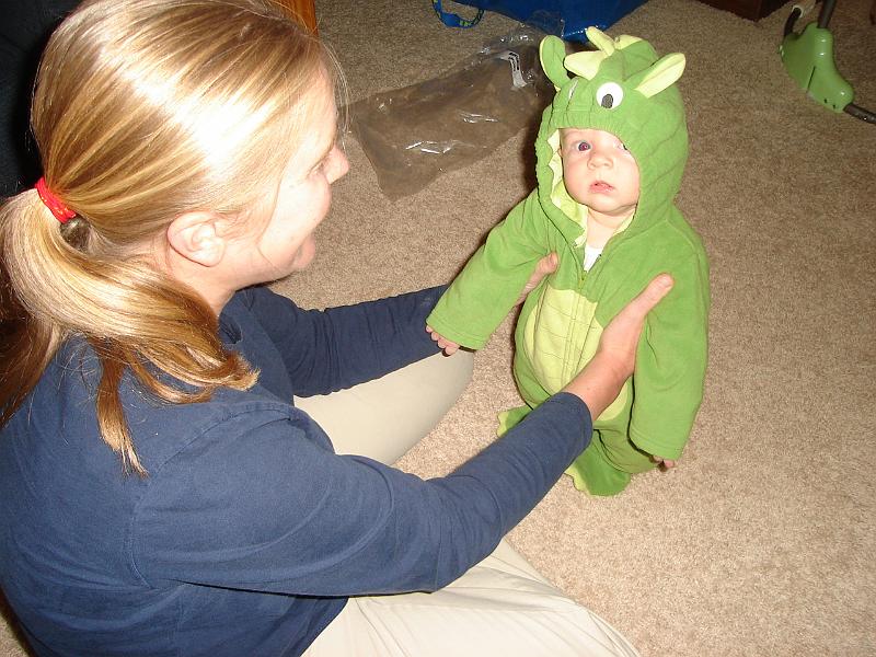 DSC01685.JPG - Sebastian tries on his Halloween costume.  Is it a dragon?  Iguana?  Dinosaur? 15 October 2009