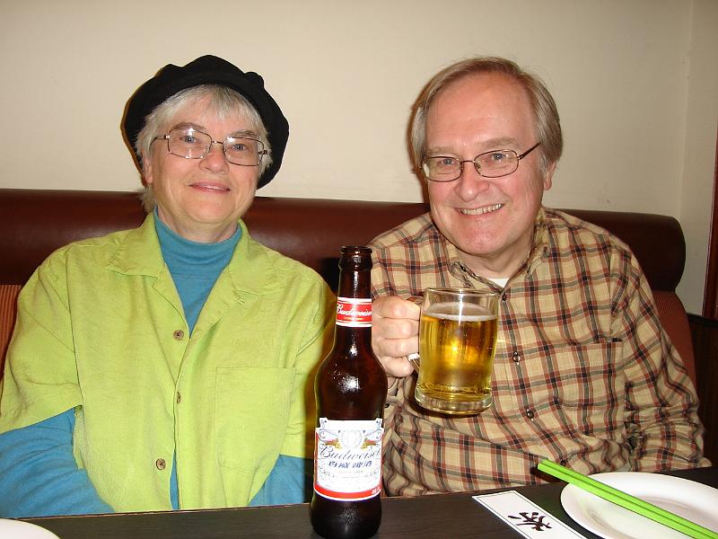 DSC02195.JPG - Judy, and Bill enjoying a Budweiser, at a restaurant in the 1912 area. 27 October 2009