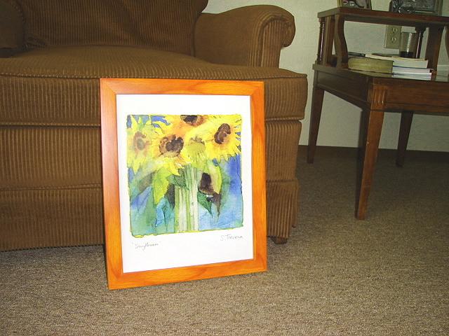 B&J-sunflowers.jpg - Judy and Bill's print of sunflowers by Shirley, taken in Lillian's apartment. 2 February 2006