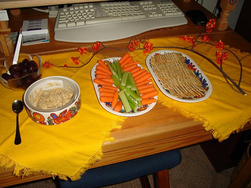DSC00405.JPG - Olives, humus, carrots, celery, and crackers for FORAM party. 24 September 2006