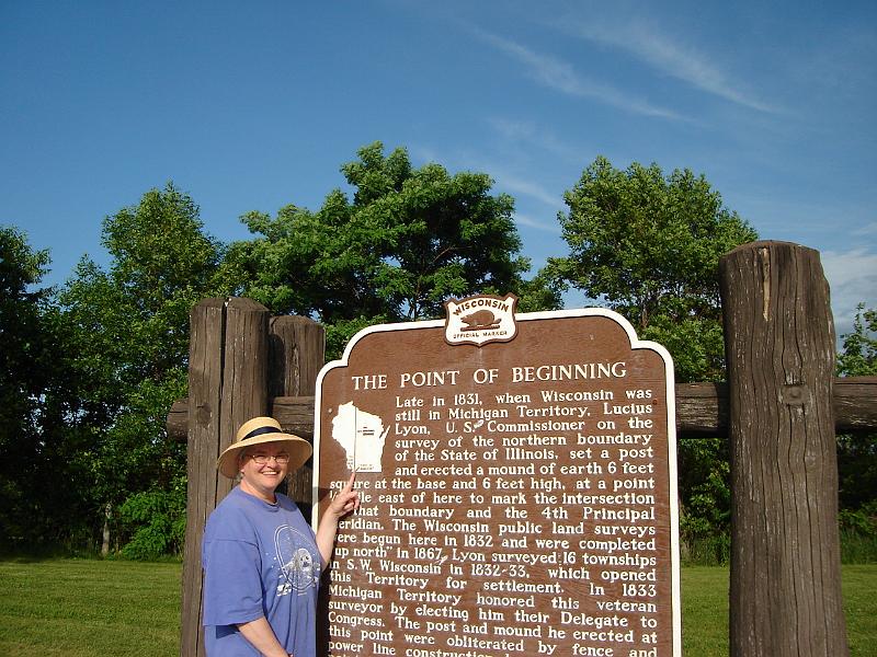 DSC00963.JPG - Judy at an historical marker near the Illinois/Wisconsin border. 27 June 2007