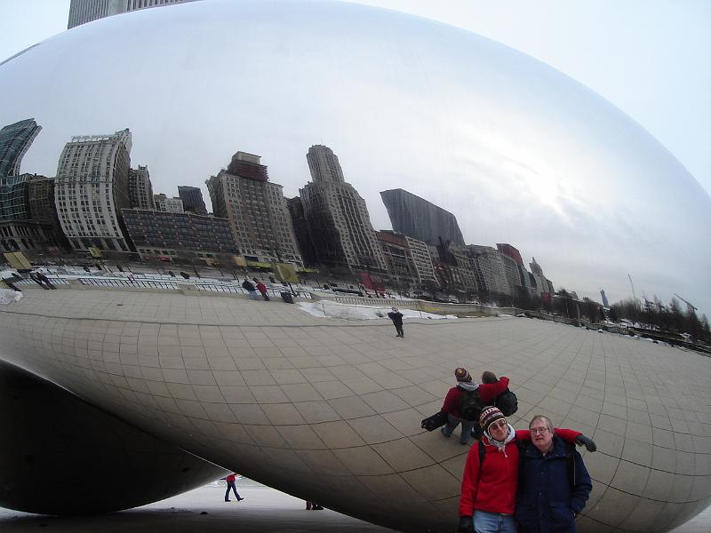 DSC02217.JPG - Andrew and Bill in front the the "Bean" with Judy the photographer and the buldings along Michigan Avenue reflected.  Chicago 21 February 2008