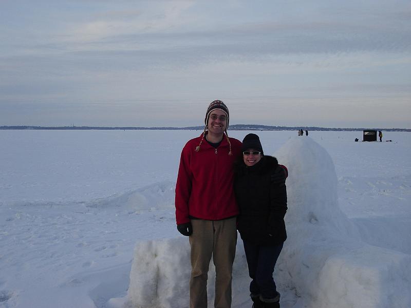 DSC02257.JPG - Andrew and Sara standing on the frozen Lake Mendota. 1 March 2008