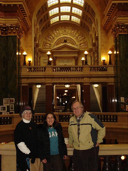 DSC02273.JPG - Judy, Sara, and Bill above the rotunda at the Wisconsin State Capitol. 2 March 2008