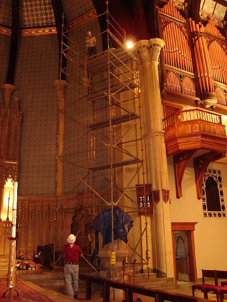 DSC02726.JPG - Lee and Doug, the High Maintenance Committee scaffolding is ready to go, after a mere three hours of preparation.  Luther Memorial Church 3 May 2008