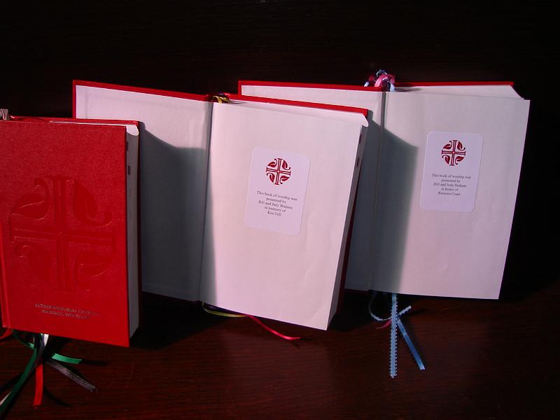 DSC02743.JPG - Three Evangelical Lutheran Worship (ELW) hymnals we contributed - one in memory of Lois, one in memory of Ken and one in honor of Ramona. 3 May 2008
