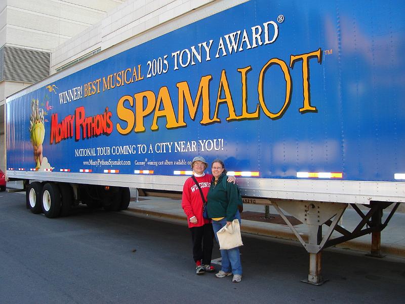 DSC02755.JPG - Judy and Kelly ran into each other on the way to the Farmers Market in front of one of the twenty two "Spamalot" semi-trucks.  Judy and Bill had been, Kelly was going that evening.  Great show! 17 May 2008