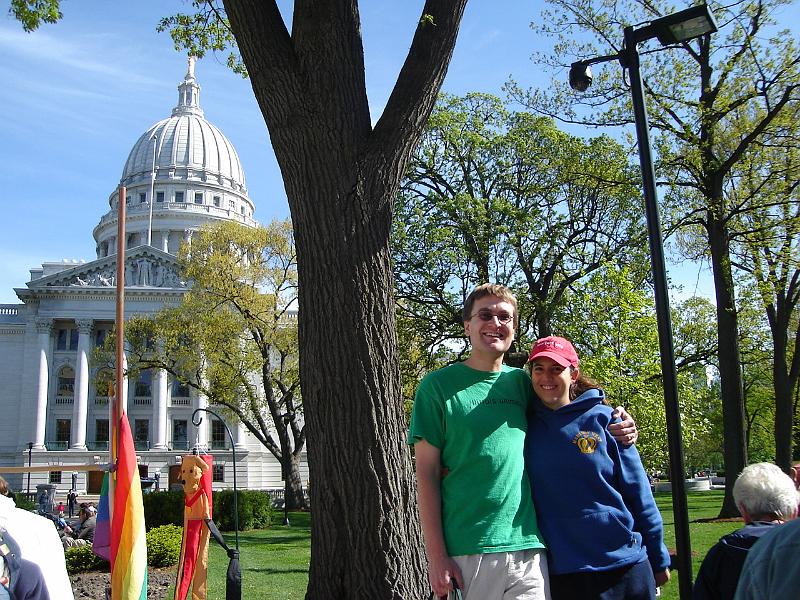 DSC02759.JPG - Andrew and Brenda at the Farmers Market with the Wisconsin State Capitol in the background. 17 May 2008
