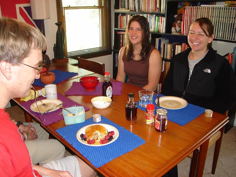 DSC02773.JPG - Andrew, with fork in mouth, Brenda, and Emily.  Andrew makes great pancakes. 18 May 2008