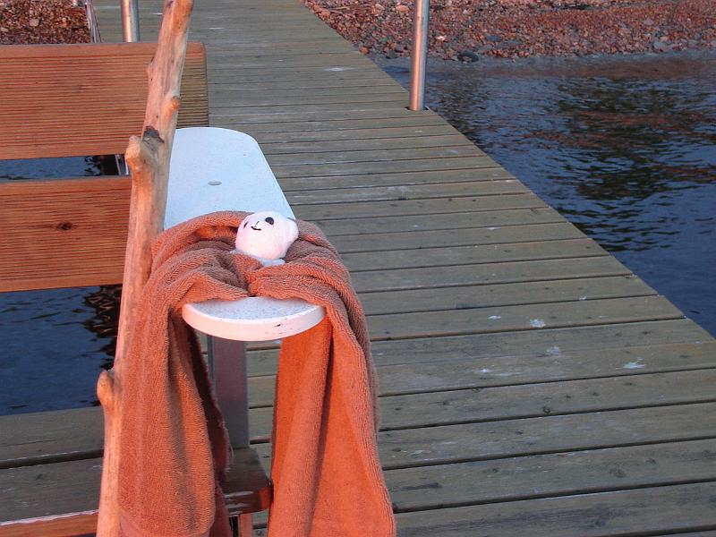 DSC02904.JPG - The bench and the dock of the Jesuit Retreat House.  The Sweet Baboo watches the sunrise with me from the safety of a towel. 1 June 2008