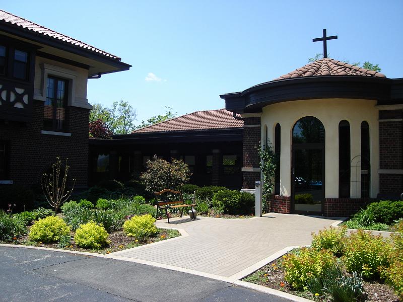 DSC02911.JPG - The entrance to the Jesuit Retreat House near Oshkosh Wisconsin.  In the sixteenth century, Ignatius of Loyola founded the Company of Jesus, a name chosen to remind his followers that the great model of their lives would only be Jesus.  They came to be known as Jesuits, originally a term of derisive identification.  This Jesuit Retreat House was founded in 1960. 1 June 2008