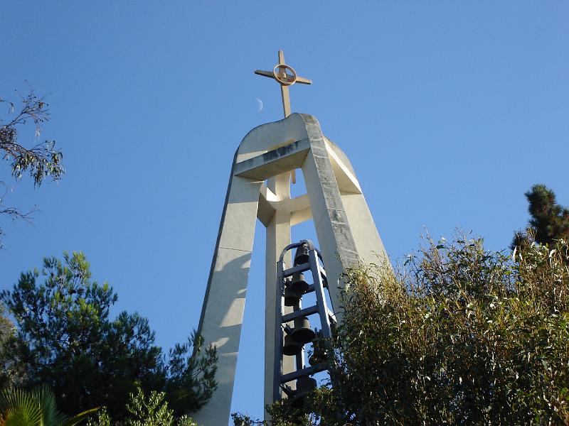 DSC00016.JPG - The bell tower of First United Methodist Church with the moon behind. 6 August 2008