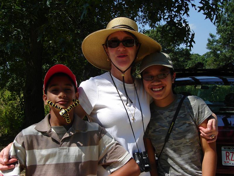 DSC00226.JPG - Kavi, making good use of his gorilla pod, Cindy, and Guanshan, starting the hike into the Spring Green Preserve, the Wisconsin Desert. 20 August 2008