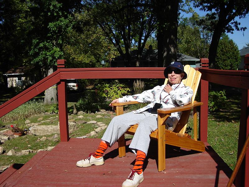 DSC00343.JPG - Ramona resting on our front porch with her Princeton socks on!  Madison 4 October 2008