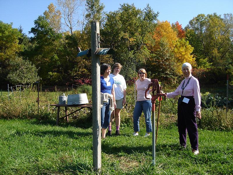 DSC00427.JPG - Janet, Sue, Tracy, and Ramona near the vegetable garden, Holy Wisdom Monastery Middleton Wisconsin 11 October 2008