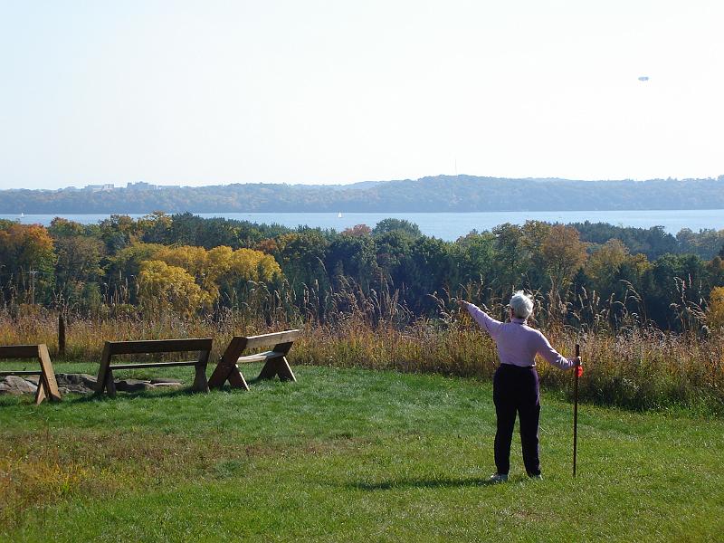 DSC00441.JPG - Ramona sees the Capitol, although the camera does not!  On the prairie at Holy Wisdom Monastery, Middleton Wisconsin 11 October 2008