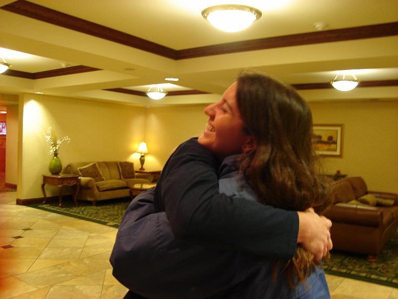 DSC00487.JPG - Brenda and Gretchen happy to see each other.  Lobby of the Holiday Inn Express, Urbana. 3 November 2008