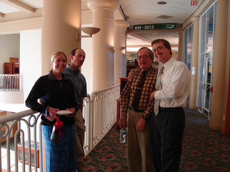 DSC00503.JPG - Gretchen, Matt, Bill, and Andrew await the verdict on the walkway outside the presentation room in Grainger Hall on the campus of the University of Illinois, Urbana Champaign. 4 November 2008