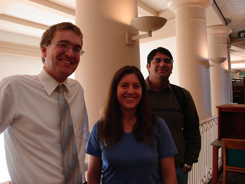 DSC00508.JPG - Andrew, Brenda, and Eshan trying to stay calm while we all wait.  Eshan was positive Andew had successfully defended his Dissertation, "Fracture Characteristics of Asphalt Concrete in Mode I, Mode II, and Mixed-Mode." 4 November 2008