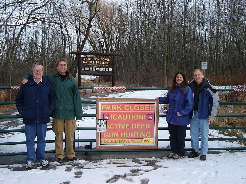 DSC00584.JPG - Bill, Andrew, Brenda, and Ed on the conventional side of the "Park Closed" sign.  Near Mequon Wisconsin. 29 November 2008
