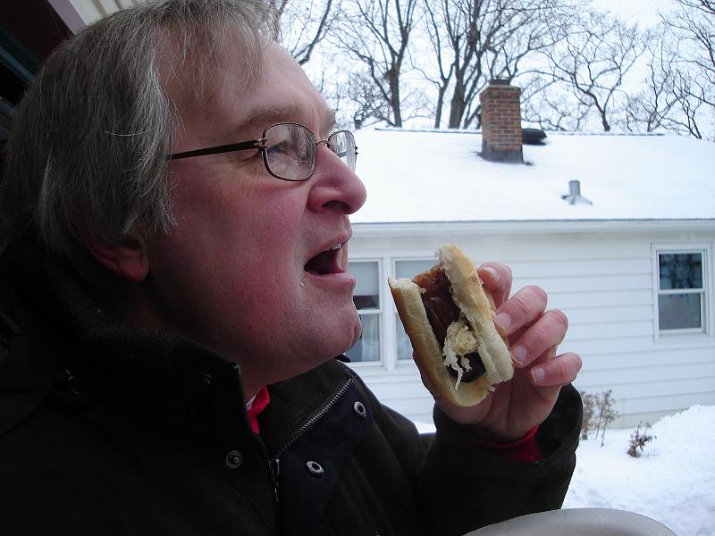 DSC00757.JPG - The sauerkraut is frozen, but still tasty.  The buns were so cold they literally powderized upon eating. 1 January 2009