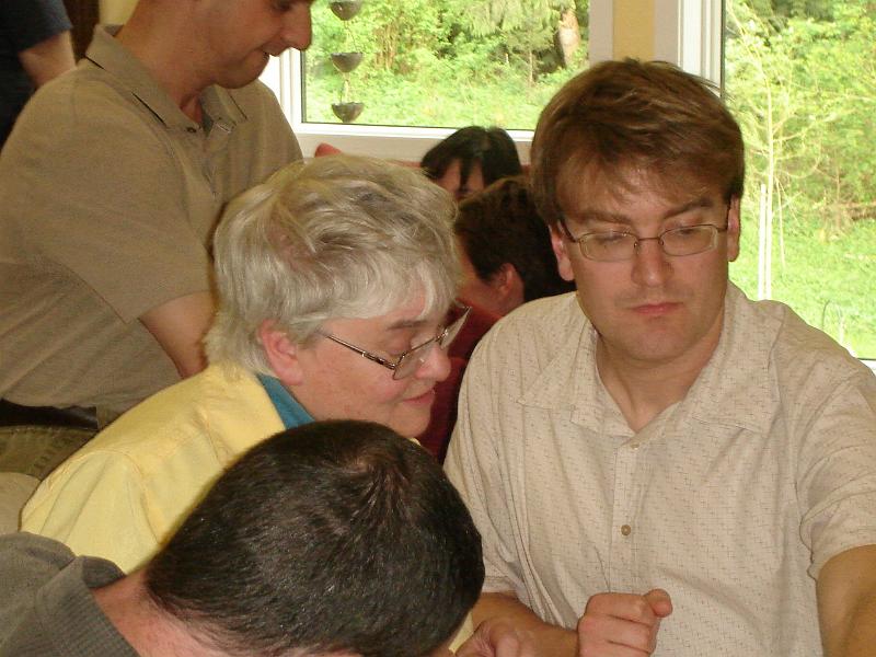 DSC00994.JPG - Judy and Andrew working on their pieces for a quilt at the shower. 3 May 2009